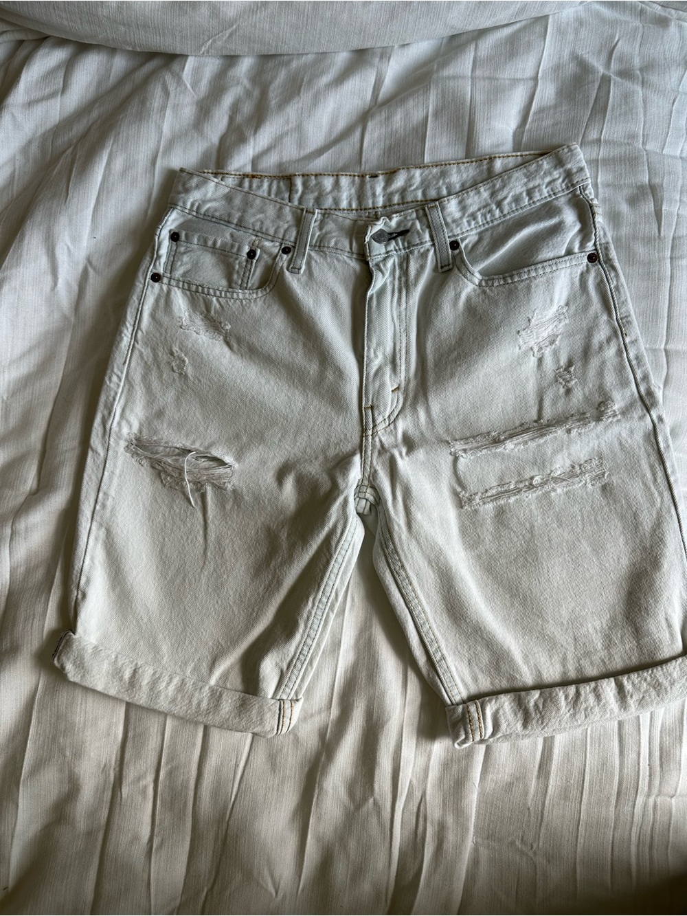 Levi's White with Light blue Distressed Denim Jean Shorts